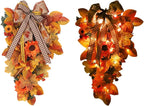 Harvest Teardrop Swag, 20inch Fall Teardrop Swag with Maple Leaves, Bow and Sunflowers, Autumn Decorative Swag Fall Floral Swag for Home Door Wall Decor(Without Light)