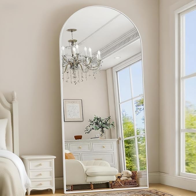 Prywot Full Length Mirror, 71"x30" Arched-Top Floor Mirrors, Modern Full Body Mirrors with Stand, Wall Mirror with Aluminum Alloy Frame for Bedroom,Living Room, White