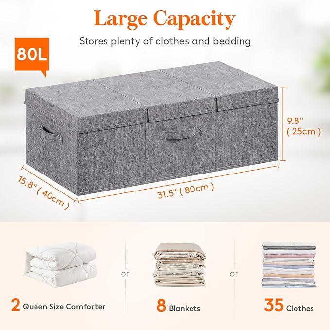 Lifewit 80L Under Bed Storage Containers, 9.8 Inch Tall Underbed Clothes Storage Organizer Bin with Sturdy Sidewalls, Bottom, 3 Lids, Deep Storage Drawer for Clothes, Shoes, Blankets, Pillows 3 Pack