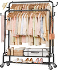 Homde Heavy Duty Clothes Rack: 265lb Rolling Double Rod Garment Hanging - Metal Coat Organizer Storage Display Shelf on Wheels for Bedroom Laundry