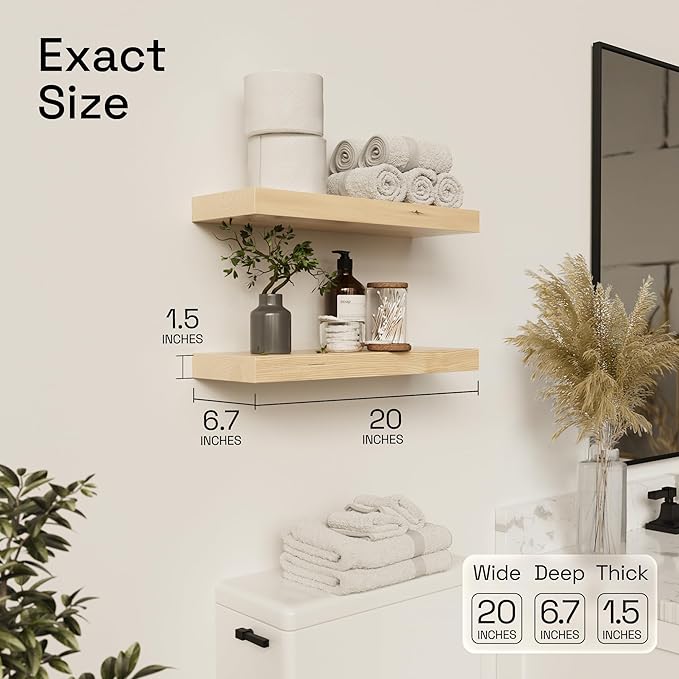 BAOBAB WORKSHOP Solid Wood Floating Shelves for Wall 20 Inch Wide, Wooden Shelf for Bathroom, Light Oak Floating Shelves for Room Wall Mounted Kitchen Farmhouse, Natural Wood, 20W × 6.7D, Set of 2