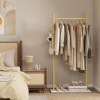 Nianerfaya Coat Hanger Stand with 2 Hooks, Standing Garment Storage for Indoor - Coat Tree for Hanging Clothes for Bedroom - 25.6" Wide Heavy Duty Clothe Rack Metal Clothing Hanger Rack (Gold)