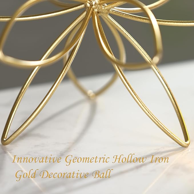 8" Gold Decorative Sphere, Metal Floral Tabletop Sculpture, Abstract Tabletop Decorative Ball for Home Metal Sphere Decor