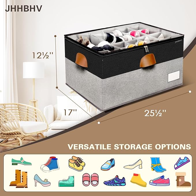 2 Pack Shoe Organizer for Closet, Adjustable Shoe Box Storage Containers, Large Foldable Shoe Bins with Clear Cover, Space Saving Shoes Holder with 4 Handles, Fits 24-48 Pairs, Black