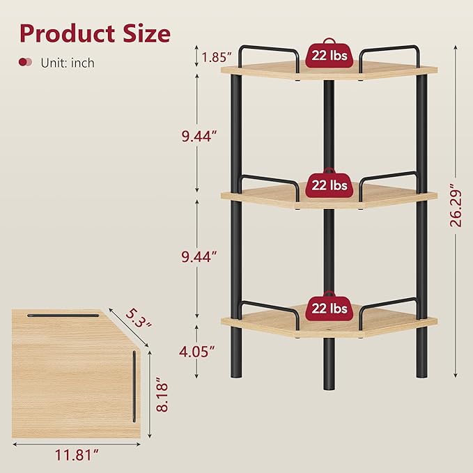 Tajsoon Corner Shelf Stand, 3 Tier Industrial Corner Shelves, Multipurpose Standing Display Shelf, Corner Shelving Unit for Bedroom, Living Room, Office, Kitchen, Natural