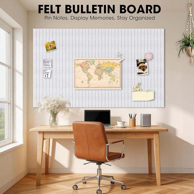 Large Cork Board for Walls 59" x 36",15 Pack 12"X12"Felt Bulletin Board Tiles with 120 Adhesive Tabs,Cork Board Alternative for Office Decor, Push Pin Board Wall Organizer-Light Gray