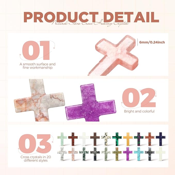 Nuenen 50 Pcs Cross Charm for Women Man Celebration Grad Decor Crystal Pocket Cross Necklace Natural Worry Stone Gift for Jewelry Making Craft Festival Decor(1.5 x 1.06 x 0.24 Inch,Lovely)