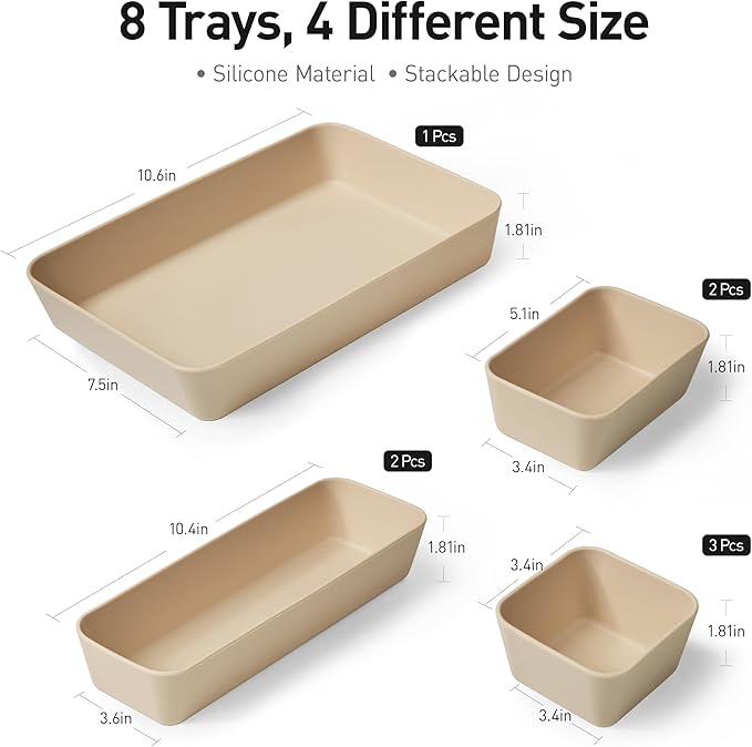 ISSEVE 8Pcs Nesting Silicone Drawer Organizer Trays, 4 Size Versatile Vanity Bathroom & Desk Drawer Organizer Set Storage Bins for Office,Kitchen,Nightstand,Beige