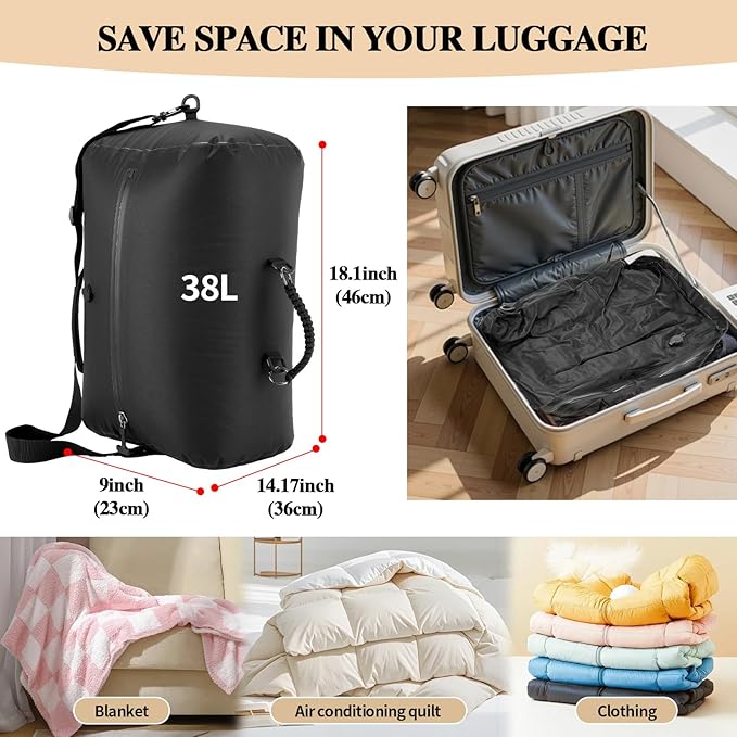 Vacuum Bags for Travel with Wireless Pump, 38L Reusable Vacuum Compression Bags with IP67 Waterproof Zipper 70D Nylon Vacuum Seal Packing Cubes Space Saver Bags for Carry On Backpack
