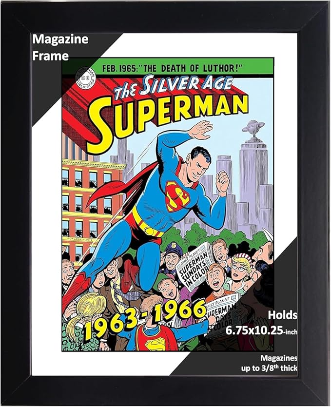 Creative Picture Frames 6.75 x 10.25 Magazine Comic Book Frame with Full-Strength Glass, Holds Up To A 1/4" Thick Media with Installed Hangers for Easy Mounting, 8x12 Black Frame with White Mat