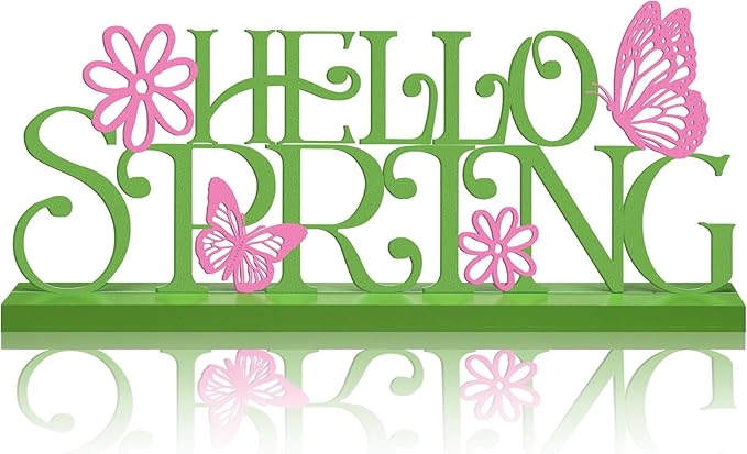 Teenyyou Holiday Word Sign with Wooden Base Home Seasonal Table Decor Metal Word Letter for Holiday Centerpiece Tabletop Desk Decorations(Hello Spring)