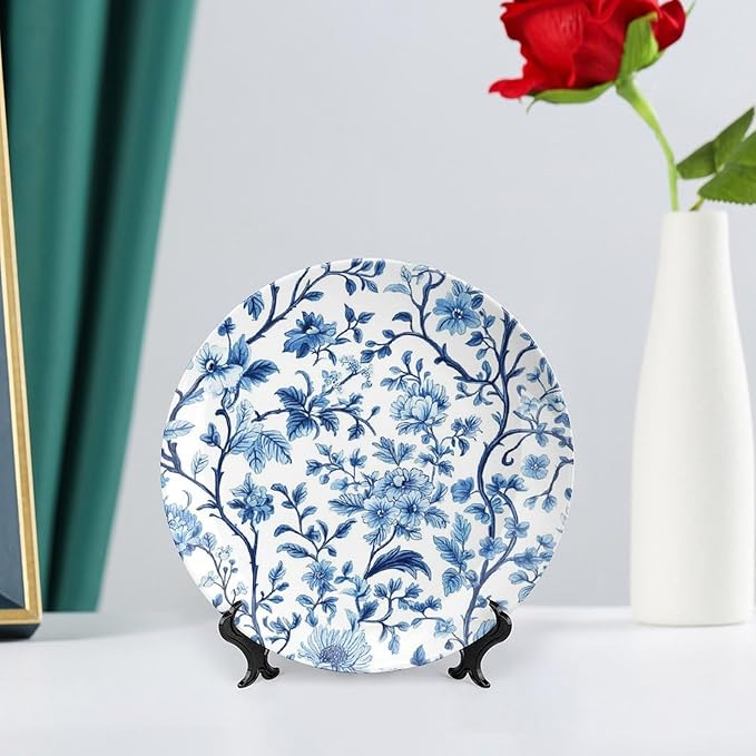 Chinese Style Ceramic Decorative Plate, Chinese Blue And White Porcelain Decorative Dish with Stand, Pattern Bone China Decorative Plates Art Porcelain Plate for Living Room Hallway Table Decor