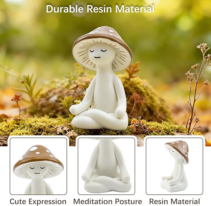 Meditation Mushroom Resin Statues – Cute Yoga Mushroom Figurines for Desk, Home, Office & Garden Decor – Zen Resin Sculptures for Living Room, Patio, Tabletop & Backyard (1 Pack, Mushroom)