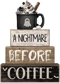 Lineshading 4 Pcs Halloween Table Decorations Spooky Coffee Wooden Stacked Block Decor, "A Nightmare Before Coffee" Signs with Ghost Mug Topper, Halloween Tiered Tray Decor for Home Office Kitchen