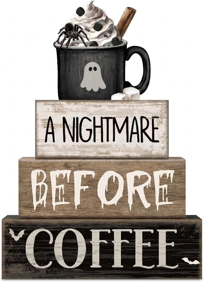Lineshading 4 Pcs Halloween Table Decorations Spooky Coffee Wooden Stacked Block Decor, "A Nightmare Before Coffee" Signs with Ghost Mug Topper, Halloween Tiered Tray Decor for Home Office Kitchen