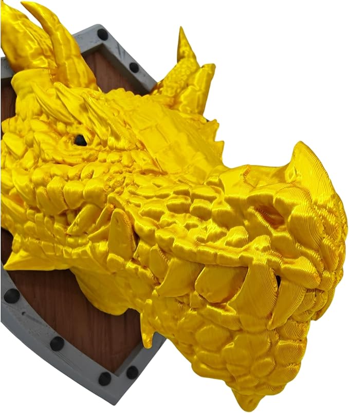 Dragon Head Trophy wall decoration - DND Decor - Ready for Painting - 3D Printed Fantasy Art - Gift for Gamers (Shiny Gold with Grey Shield)