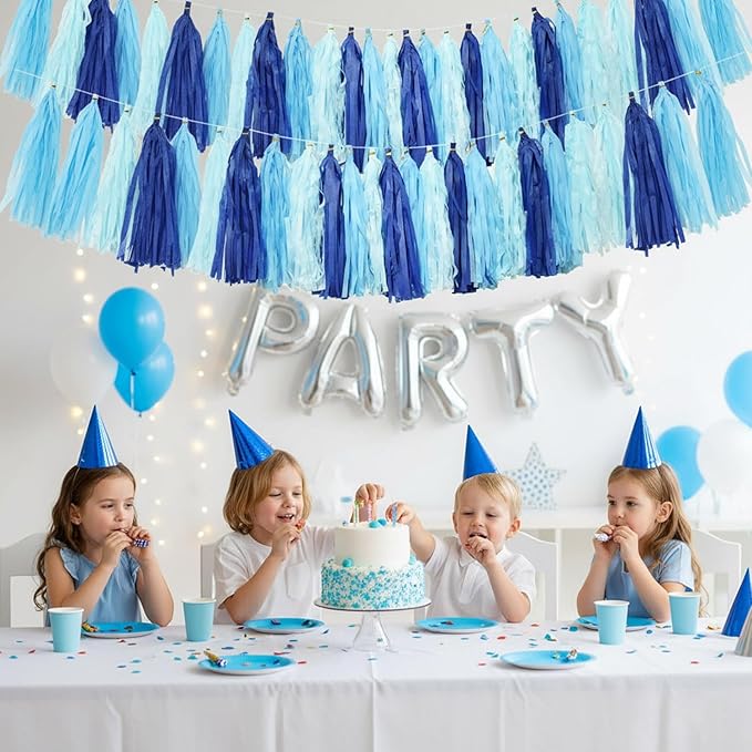 Blue Party Decorations,Navy Blue Light Blue and Blue Paper Tissue Tassel Garland Banner,15 Pcs