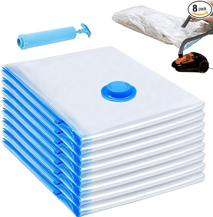 8 Pack Large Vacuum Storage Bags, Vacuum Seal Bags for Clothing with Hand Pump, 80% Space Saver Bags for Clothes, Pillows, Comforters and Blankets, Home Travel Essentials