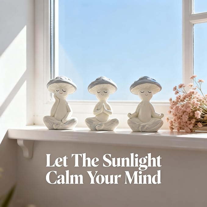 3 Pcs Mushroom Decor Figurines - Meditation Decor Statues for Living Room, Bedroom, Office - Resin Sculptures for Mindfulness Enthusiasts Home Decor Lovers Nature Lovers (Grayish White)