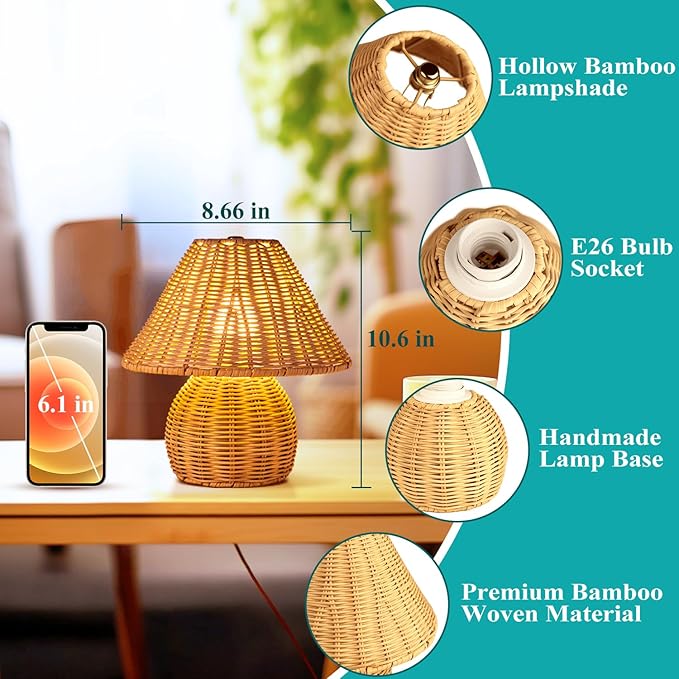 WERFOP Bamboo Table Lamp Handmade Boho Rattan Bedside Lamp,3 Colors Adjustable Vintage Wicker Wooden Nightstand Lamp with E26 Bulb for Bedroom Living Room Desk Entrance