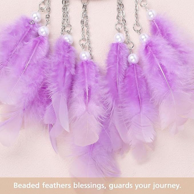 Pretty Jolly Crystal Stone Small Dream Catchers Purple Feathers Mini Dreamcatchers with Beads for Cars Rear View Mirror Hanging Decoration Good Luck Travel Charm Bedroom Ornaments for Women Girls