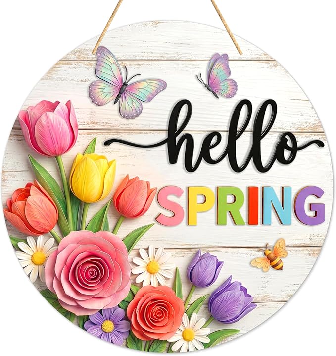 PETCEE Hello Spring Door Sign - 11.5" Welcome Spring Decor Front Door Signs with Floral Print Farmhouse Porch Sign for Home Wall Hanging Wreath Butterfly Bee Easter Indoor Outdoor Decorations