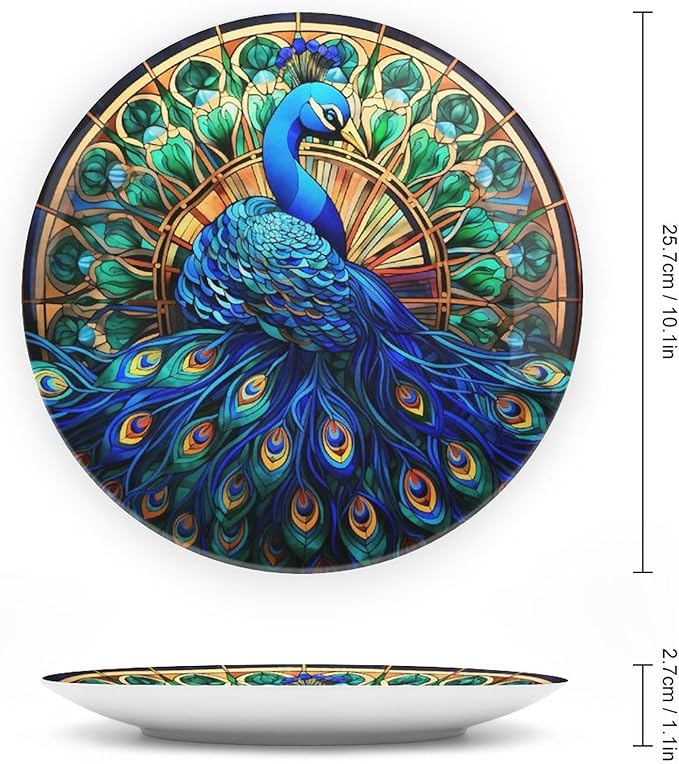 Decorative Plates, Watercolor Peacock Stained Glass Design Ceramic Dinner Plate Home Wobble-Plate with Display Stand, Wall Hanging Decor for Kitchen Household 10 Inch, Gifts for Peacocks Lover