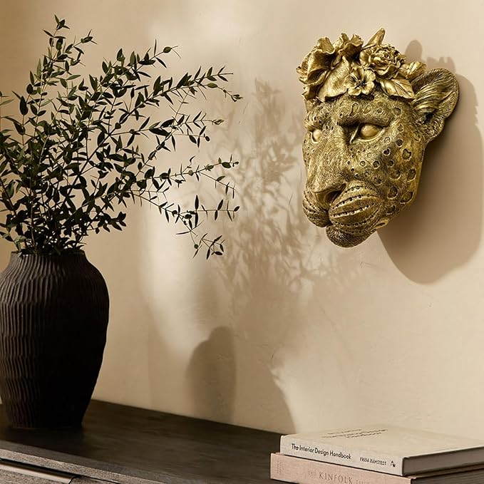 GUSFREUD Gold Animal Heads Sculptures Wall Art - Resin Faux Leopard for Home Wall Decor, Leopard Wall Hanging Decoration for Living Room, Bedroom & Kitchen, Unique Gift Idea