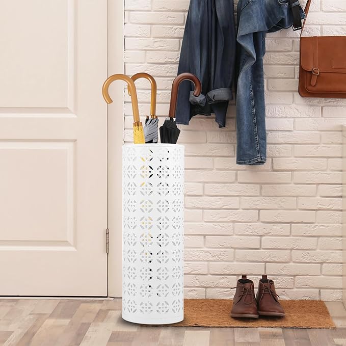 Umbrella Stand for Entryway, Metal Umbrella Holder, Freestanding Umbrella Stand Round Umbrella Holder Bin Waterproof Umbrella Storage Rack Indoor Walking Stick Holder for Home Entryway(15*42cm,White)