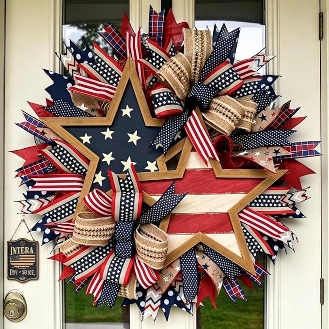4th of July Decorations Outdoor Patriotic Wreaths for Front Door 250th Anniversary Decorations Red White and Blue American Flag Wreath (Patriotic Star)