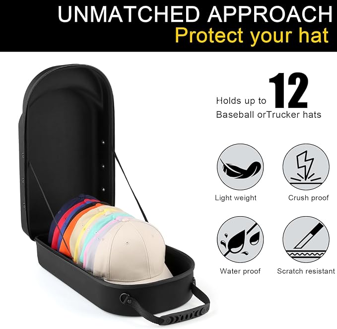 Hard baseball hat case, Hat Carrier Travel Case with Adjustable Shoulder Strap, Hat cap case for 12 Baseball Caps - Perfect for Traveling & At-Home Storage (Black)