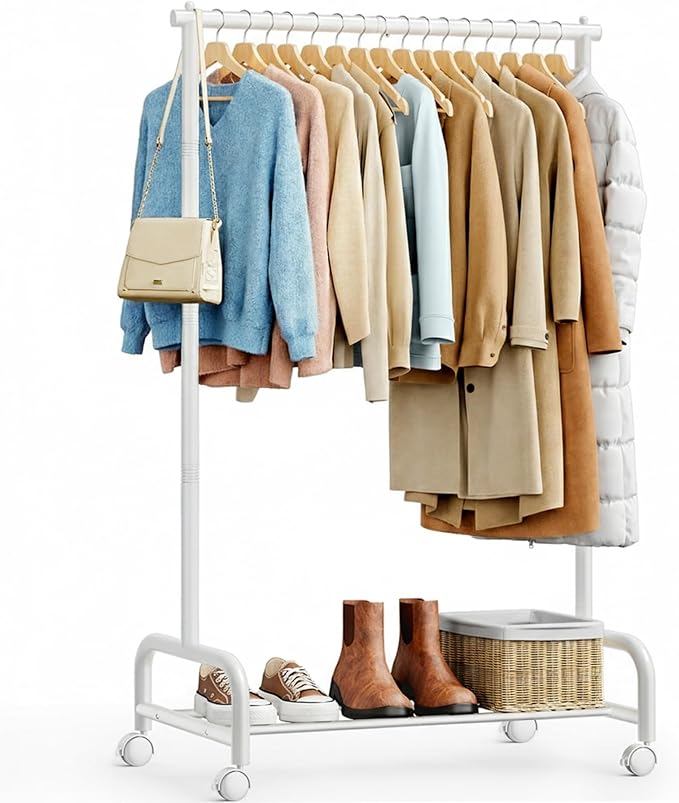 SLEEPING LAMB Heavy Duty Clothing Racks for Hanging Clothes, Metal Rolling Clothes Rack with Wheels, Sturdy Garment Wardrobe Rack for Bedroom, Laundry Room, White