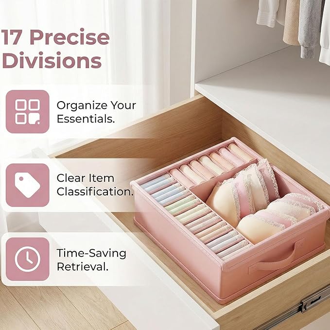 2 Pack Drawer Organizer Dividers with Lid, 17 Cell Underwear Organizer for Closet Organizers and Storage Boxes, Foldable Wardrobe Clothes Storage Bins for Underwear, Socks, Bras, Ties, Lingerie