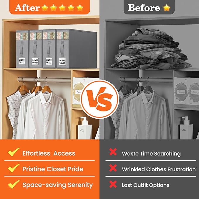 WOWBOX Sheet Organizers and Storage,Closet Bed Sheet Organizer Under Bed Storage and Organization with Label Cards & Clear Window for Bedding Sheets,Duvet Covers,Blankets (10 Pack，Gray)