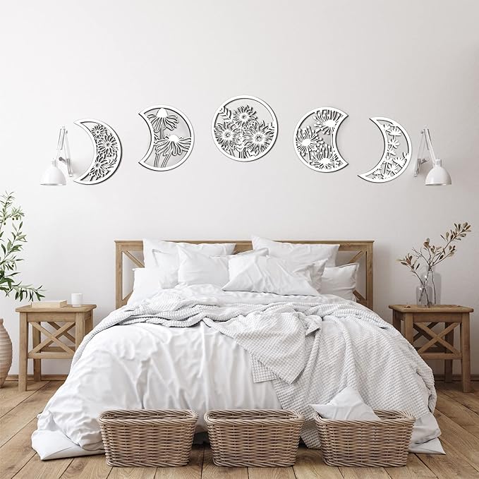 Jetec 5 Pcs Moon Phase Wall Art Decor Wall Pediments Hanging Wooden Phase Spiritual Bedroom Nordic Boho Lunar Aesthetic Art for Living Room Dorm Apartment Ornament(White)