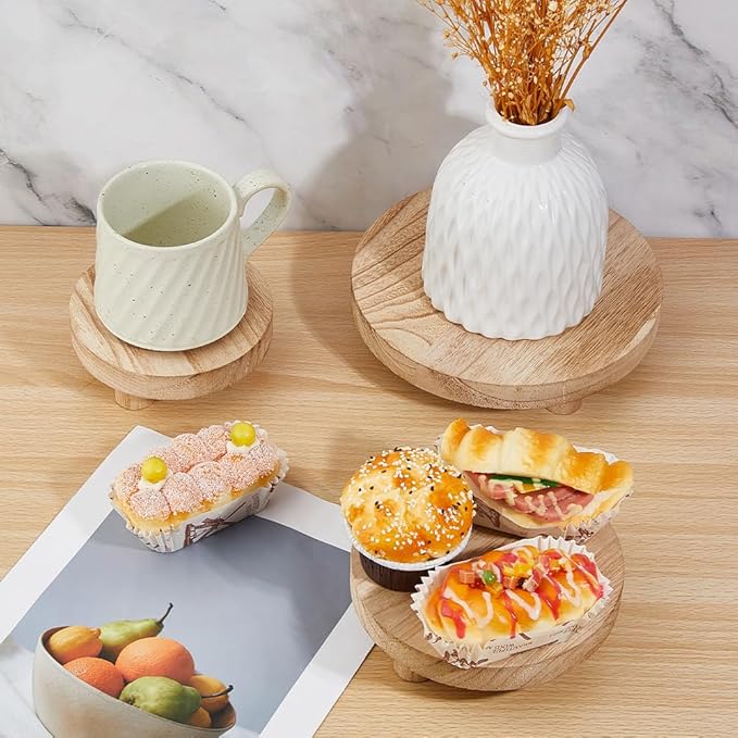 SUPERFINDINGS 3 Sizes Wooden Display Risers Wood Pedestal Stand Wood Round Flat Tray Rustic Display Riser for Home Bathroom Kitchen Counter Décor and Organize, 20/15.2/12.6cm