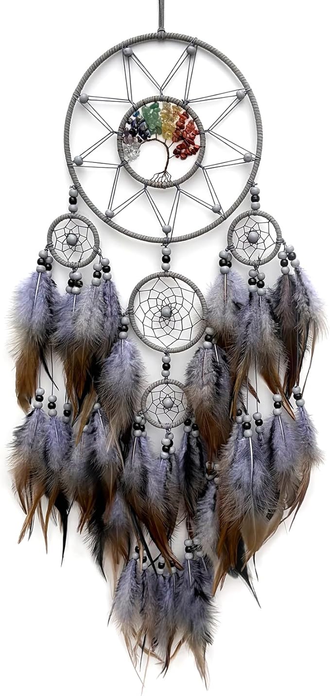 Grey Large Dream Catcher Wall Decor Crystal Tree of Life Dream Catchers Handmade Feather Dreamcatcher Wall Hanging Ornament for Bedroom Living Room Home Decor