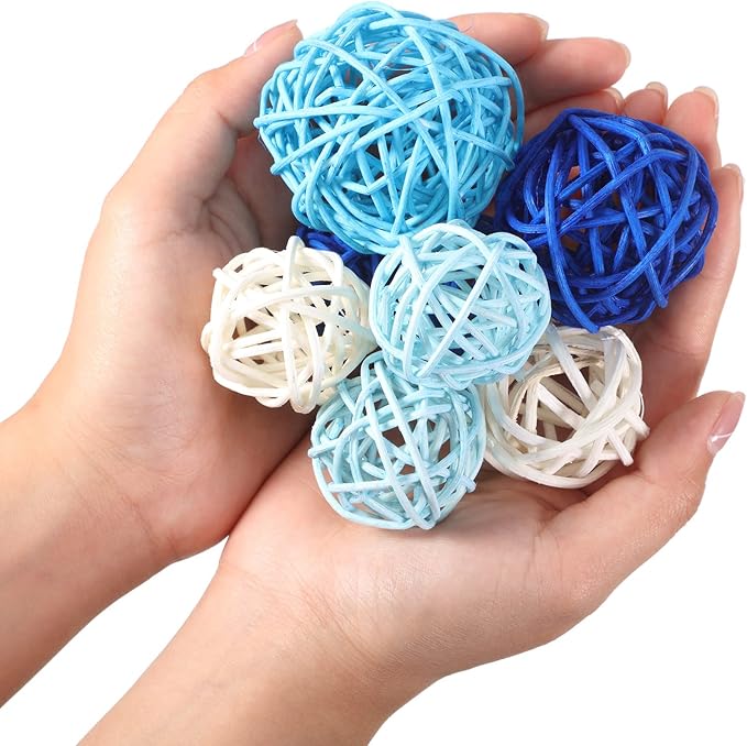 Patelai 36 Pcs Wicker Rattan Balls Decorative Balls for Vase Centerpiece Bowls Orbs Filler for Home Decor,4 Sizes(White, Blue Series,2.4'',2'',1.6'',1.2'')