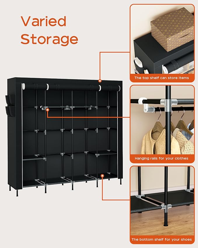 Portable Closet, 66.9 Inch Large Capacity Wardrobe Closet with Cover, Clothes Storage Organizer with Shelves and 4 Hanging Rods, Easy to Assembly, Black PCT204B01