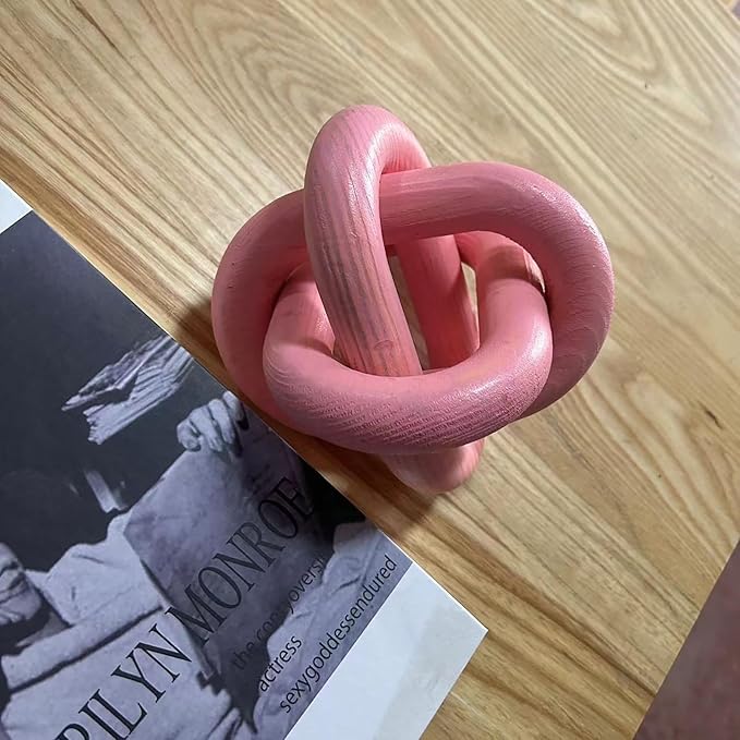 Wood Chain Link Decor - 3 Link Wood Knot Hand Carved Coffee Table Farmhouse Rustic Shelf Boho Modern Simplicity Decorative Objects for Living Room Bedroom (Pink)