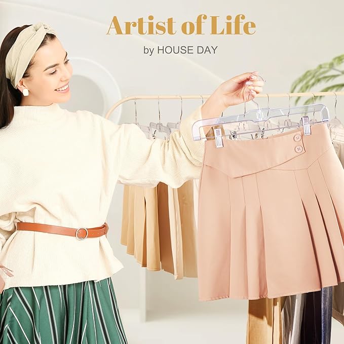 HOUSE DAY 100 Pack Skirt Hangers with Clips, Clear Plastic Pants Hangers with 2-Adjustable Clips，Non-Slip Clip Hanger for Pant, Skirts, Shorts, Bulk Retail Hanger