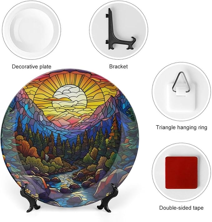 Stained Glass Theme Decorative Ceramic Plate Round Porcelain Plate,10 inch,Sunset Forest Stream Pattern,for Decorative Ornaments Giving Plates, 1 Plate with 1 Display Stand,Multicolor
