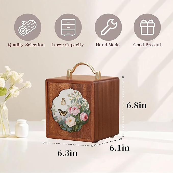 Wooden Jewelry Box for Women 4 Tier Walnut Wooden Jewelry Box with handle (Flower and butterfly prints B)