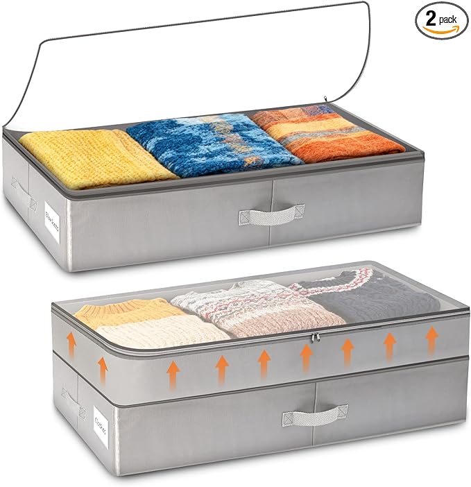 2 Pack 80L Under Bed Storage, Adjustable Height Large Storage Bins With Lids Handles Label Holder, Underbed Storage Containers for Blanket Clothes Shoes Bedroom Closet (Grey)