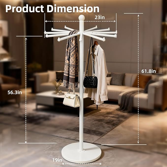 23 Inch Rotating Scarf Display Rack, Metal Purse Rack with 12 Hooks & Wheels, 100 lbs Capacity - Freestanding Premium Retail Handbag Rack for Home & Commercial Use, White