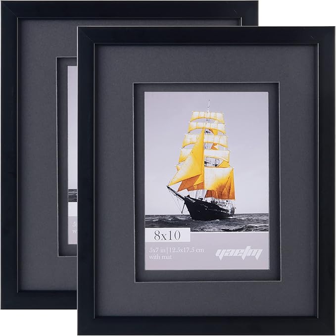 Yaetm 8x10 Double Floating Mat Picture Frame Set of 2, Display Picture 5x7 with black Double Mat, Polished High Definition Real Glass, Tabletop & Wall Mounting Photo Frames, Black