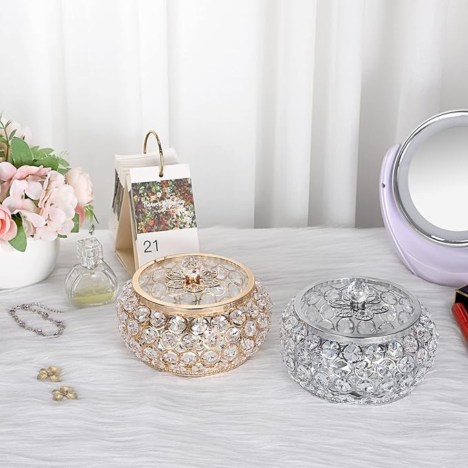Hipiwe Crystal Jewelry Trinket Box with Glass Lid Large Silver Mirrored Treasure Box Decorative Jewelry Box Ring Earrings Necklace Storage Keepsake Box Gift for Women