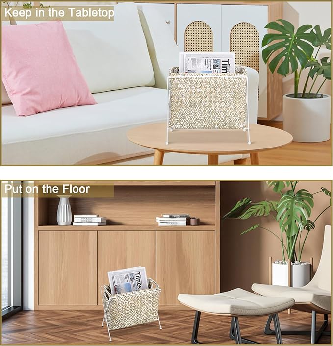 BTSKY Handwoven Magazine Holder, Natural Seagrass Magazine Basket with Metal Rack, Mail Holder Floor Organizer for Office, Living Room, Dorm, Bathroom, Woven Rattan File Basket with Handle (White)