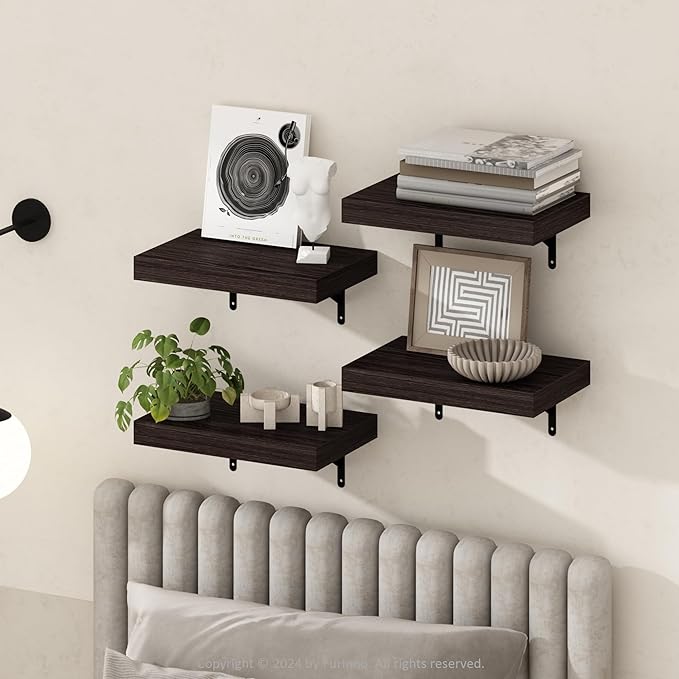 Furinno Tanna Floating Shelves for Wall Set of 4, 15-Inch Wall Shelf, Triple Thick Floating Mounted Shelf, for Bathroom, Home Office, Living Room, Tobacco Oak