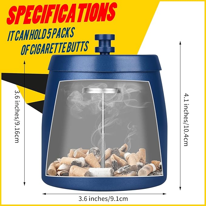 Smokeless Ashtrays for Cigarettes Indoor Outdoor Ash Tray Sets for Cigarettes Outdoor Windproof Cute Home Outside Metal Ashtrays with Lid for Patio, Blue, Medium